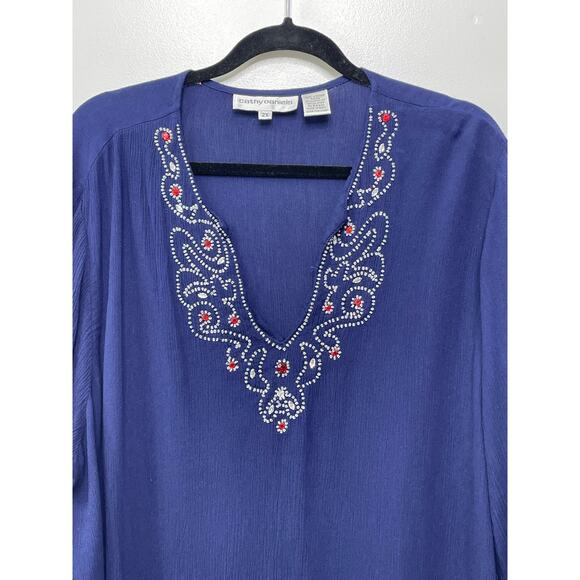 Cathy Daniels Embroidered High Low Tunic Blouse Navy Blue Women's Plus Size 2X - Picture 2 of 10